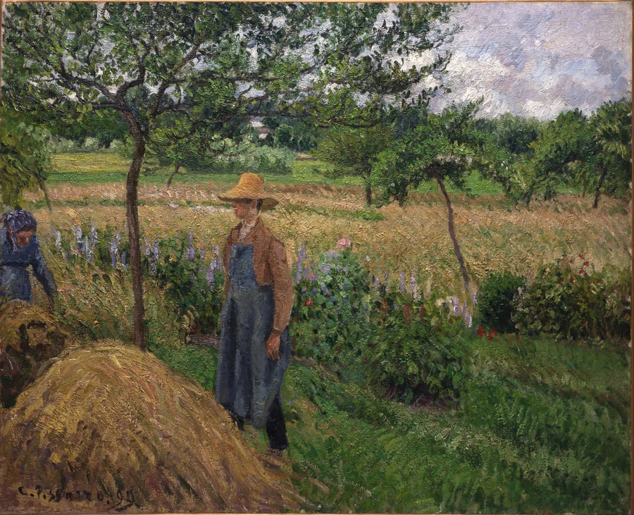Tuinman voor een hooiberg, grijze lucht, Éragny - Camille Pissarro
