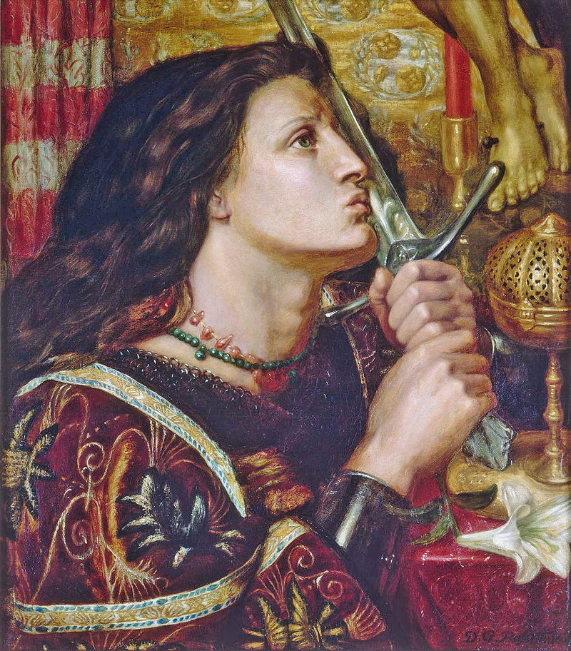 Jeanne d'Arc die de zwaard van de Bevrijding kust - Dante Gabriel Rossetti
