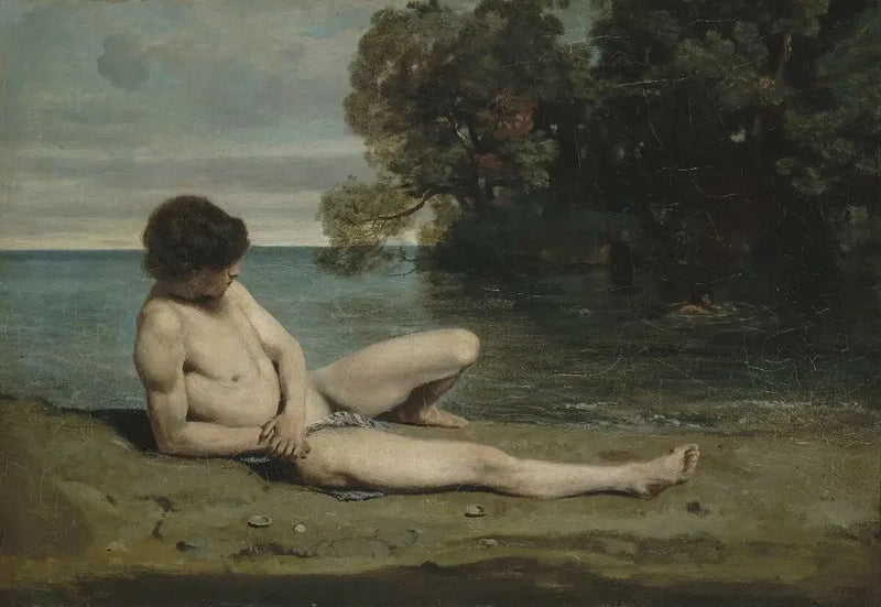 Jonge liggende zwemmer op het strand - Jean-Baptiste Camille Corot
