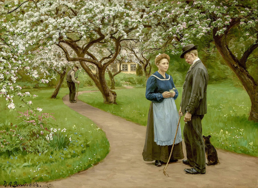 Jonge stel onder bloeiende fruitbomen in de lente. - H. A. Brendekilde

Source:
Jeune couple sous des arbres fruitiers en fleurs, au printemps. - H. A. Brendekilde