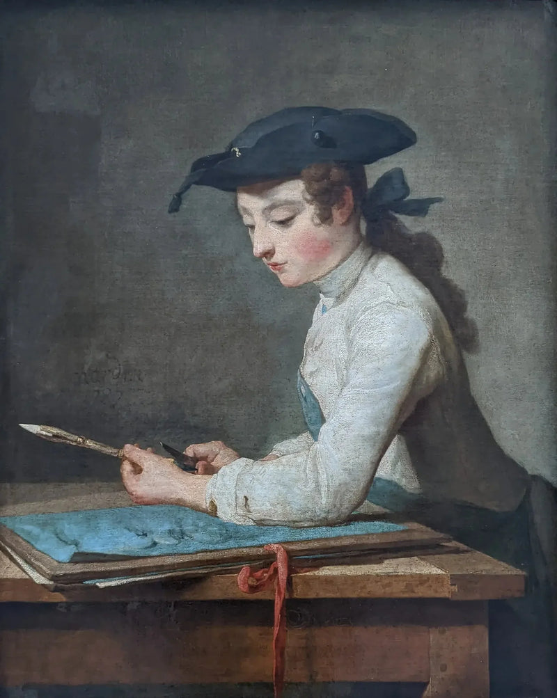 Jonge tekenaar die aan het potlood snijdt - Jean Simeón Chardin