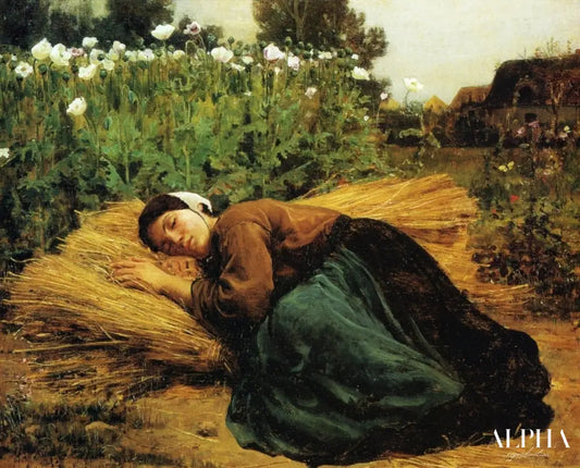 Jeune faucheur dormant sur des gerbes de blé - Jules Breton - Reproductions de tableaux et peintures haut de gamme