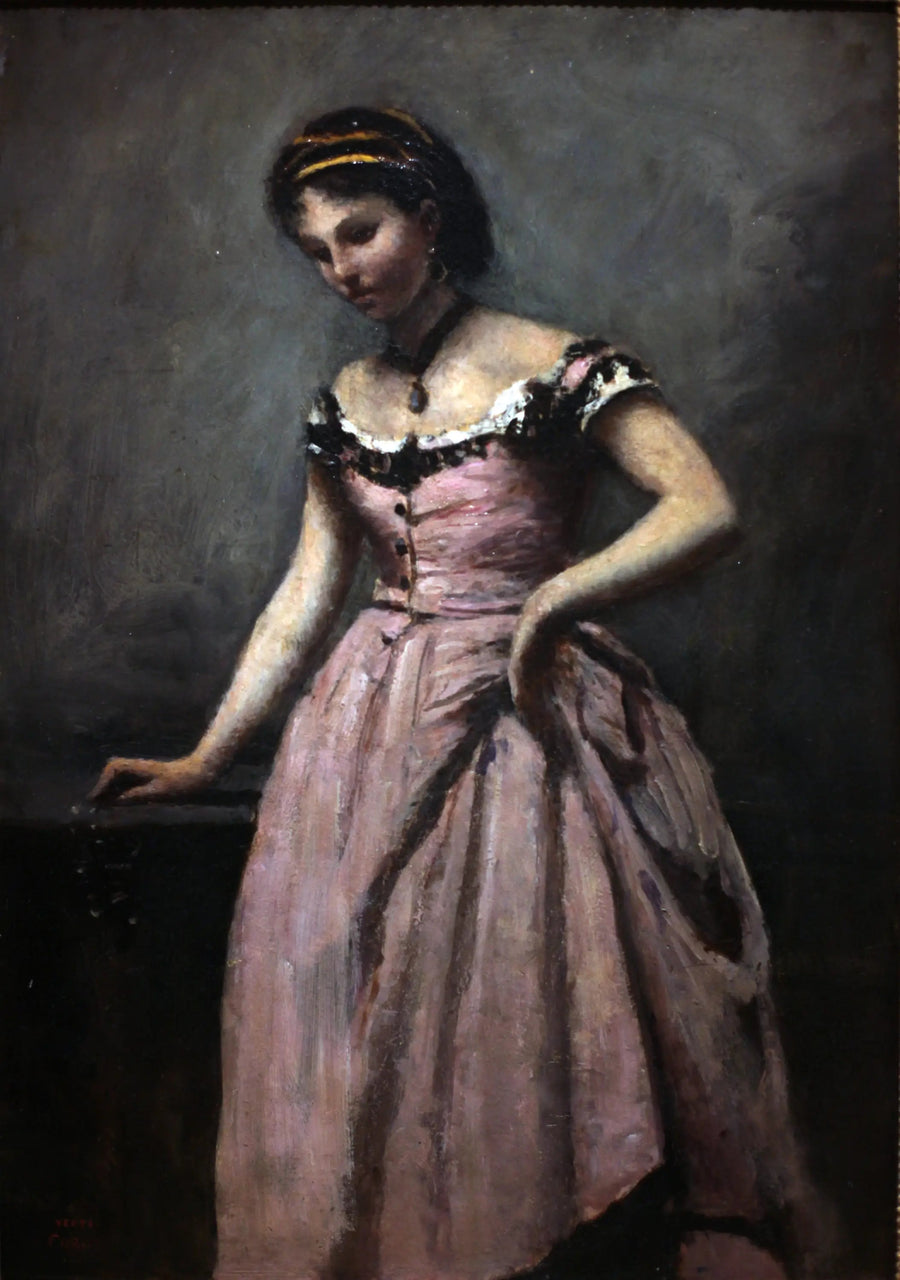 Jonge vrouw in roze jurk - Jean-Baptiste Camille Corot