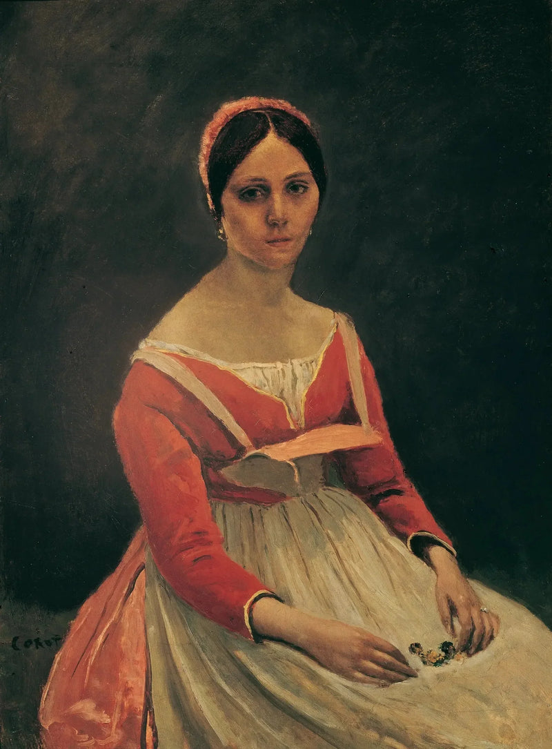 Jonge vrouw zittend, bloemen in haar handen - Jean-Baptiste Camille Corot