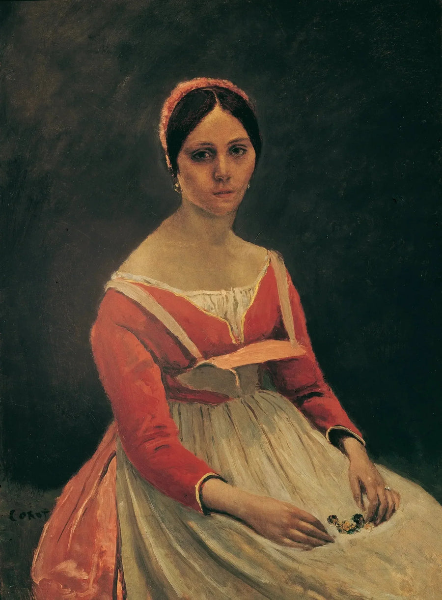 Jonge vrouw zittend, bloemen in haar handen - Jean-Baptiste Camille Corot
