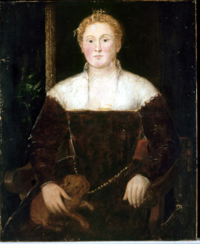 Jonge vrouw met een kleine hond, misschien een lid van de familie Soranzo - Jacopo Tintoretto