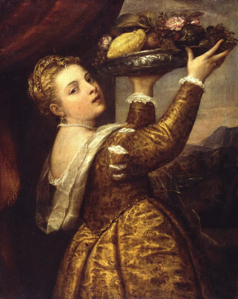 Jonge vrouw met een dienblad met fruit - Titian