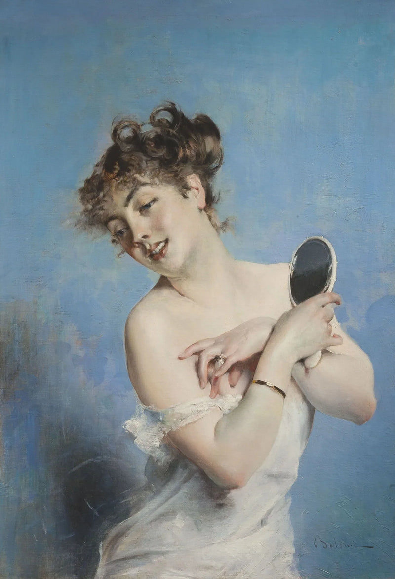 Jonge vrouw in een ochtendjas (persoonlijke verzorging) - Giovanni Boldini