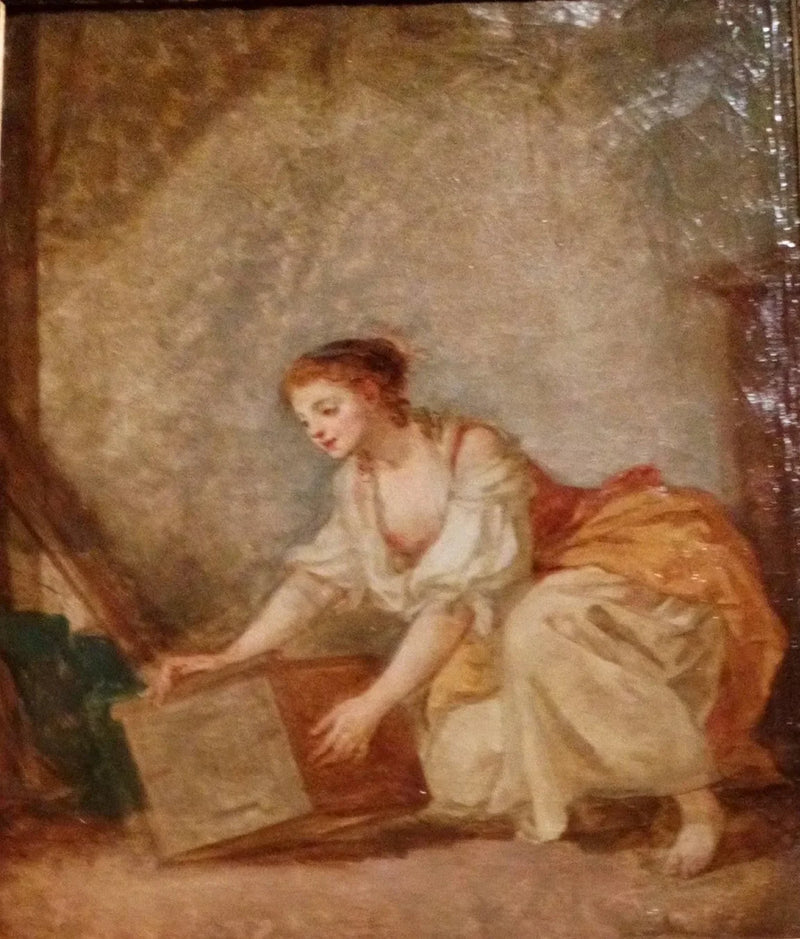 Jonge vrouw die een kistje optilt - Jean-Baptiste Greuze