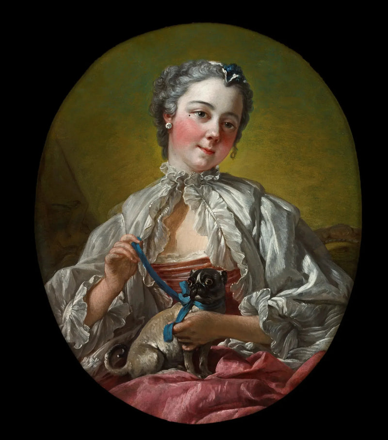 Jonge vrouw die een mopshond vasthoudt - François Boucher