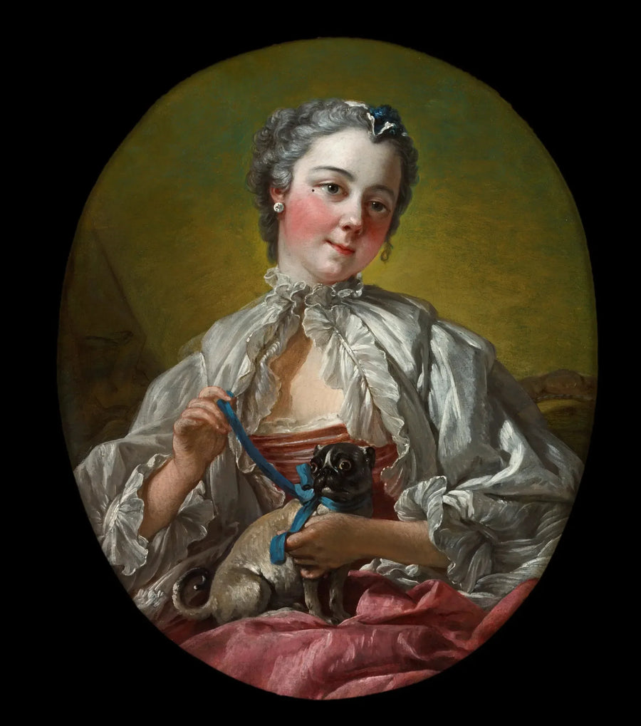 Jonge vrouw die een mopshond vasthoudt - François Boucher