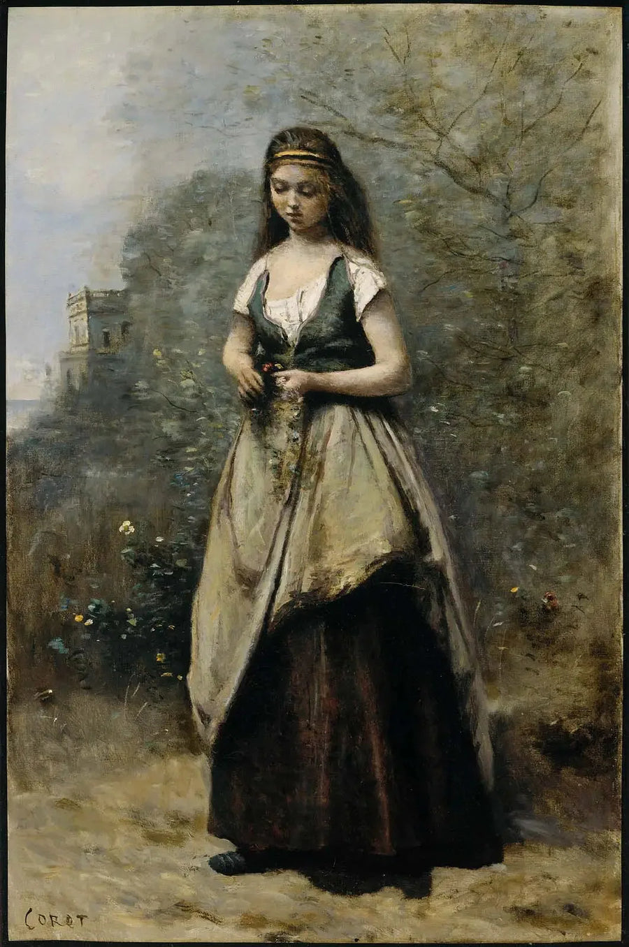 Jonge vrouw die een bloemenkrans weeft - Jean-Baptiste Camille Corot