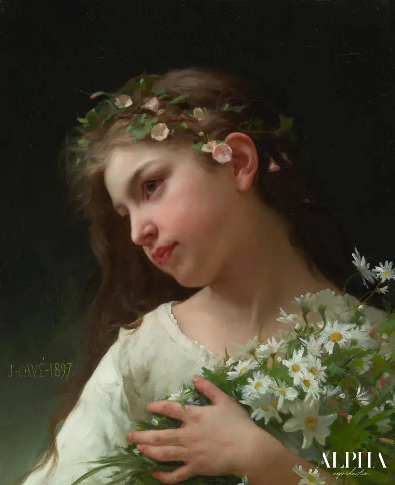 Jeune fille avec un bouquet de marguerites, 1897 - Jules-Cyrille Cavé - Reproductions de tableaux et peintures haut de gamme