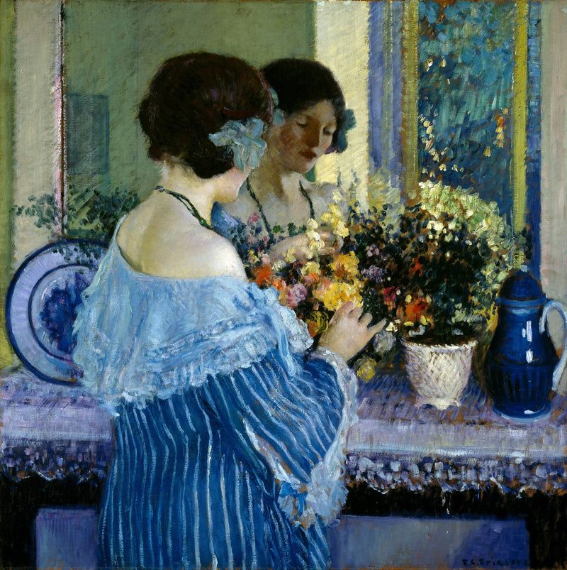 Jong meisje in blauw die bloemen rangschikt - Frederick Carl Frieseke