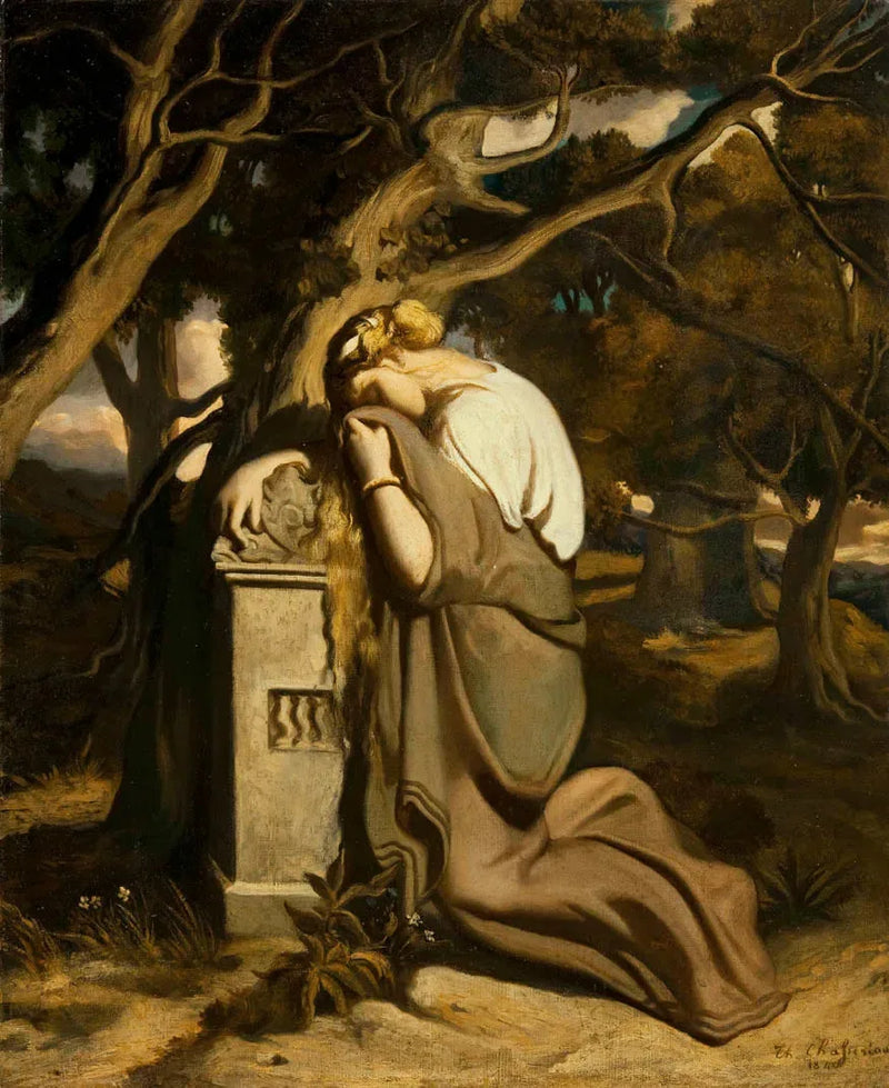 Jonge meisje huilend op een gedenksteen - Théodore Chassériau
