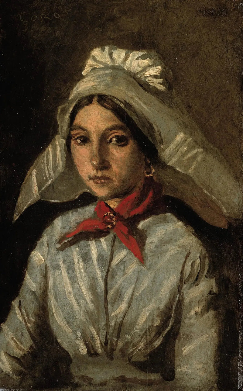 Jonge vrouw met een grote hoed op haar hoofd - Jean-Baptiste Camille Corot