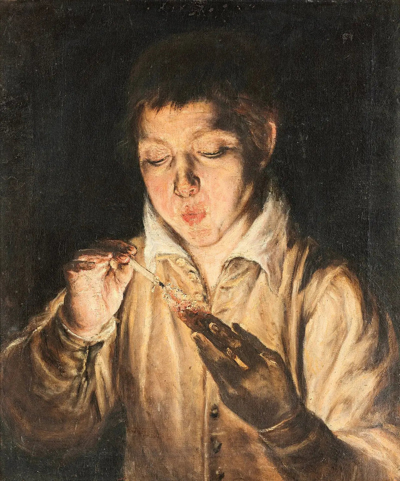 Jonge jongen die op een gloeiende kool blaast - El Greco