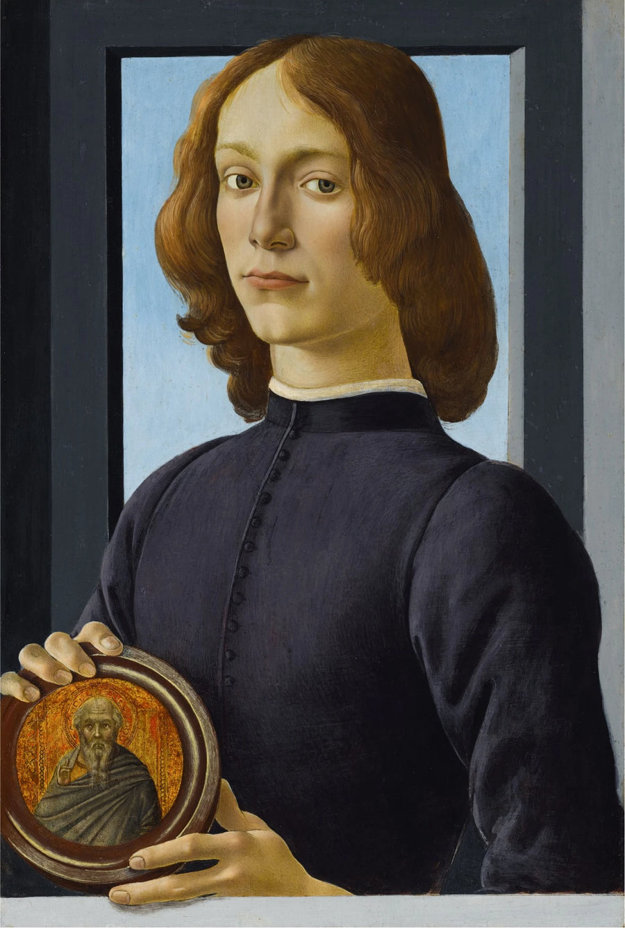 Portret van een jonge man die een medaillon vasthoudt - Sandro Botticelli