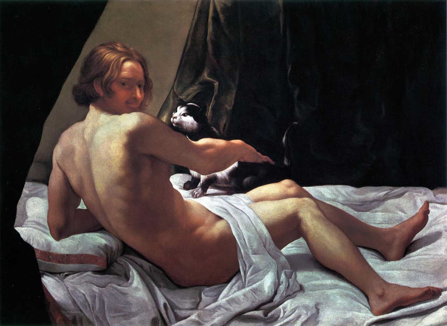 Jongeman naakt in bed met een kat - Giovanni Lanfranco