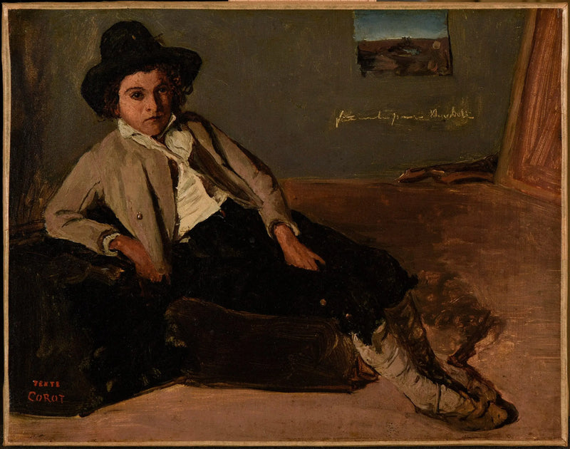 Jonge Italiaan zittend in de kamer van Corot in Rome - Jean-Baptiste Camille Corot