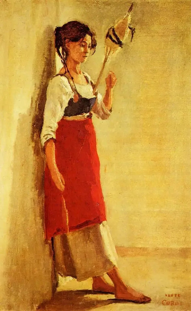 Jonge Italiaan uit Papigno huurt haar spinnewiel - Jean-Baptiste Camille Corot