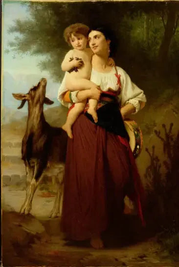 Jonge moeder in landelijke kledij met haar kind en een geit - Bouguereau