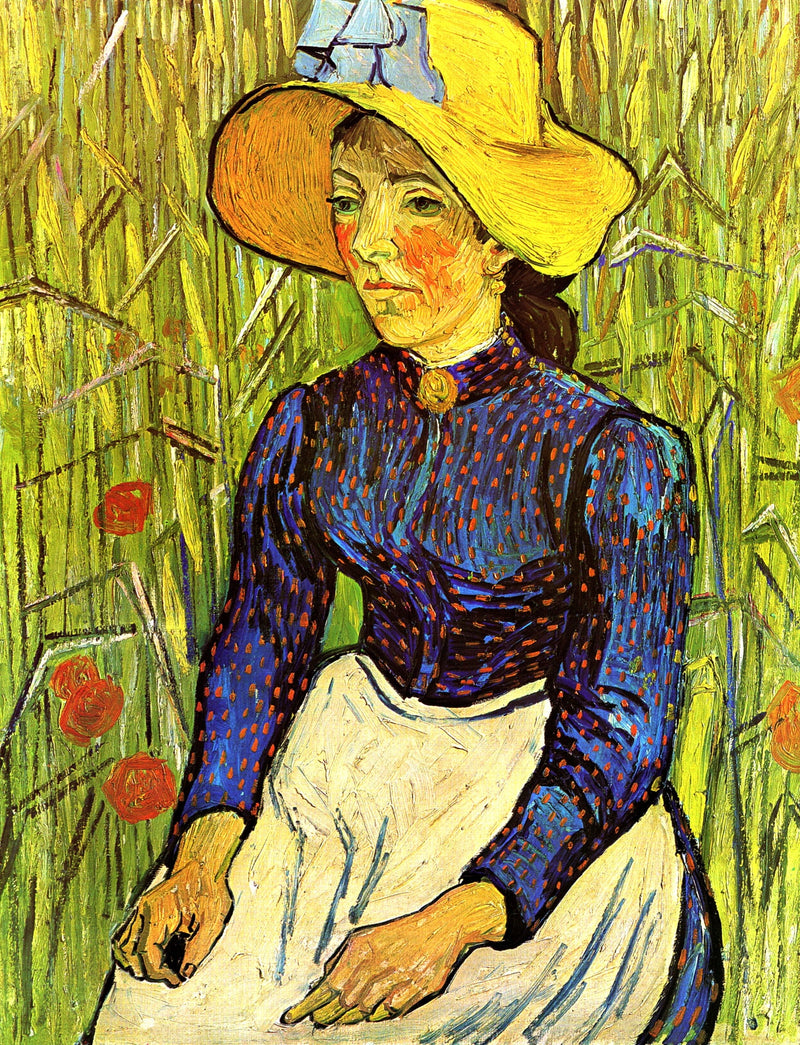Boerin met een strohoed zittend voor een tarweveld - Vincent van Gogh