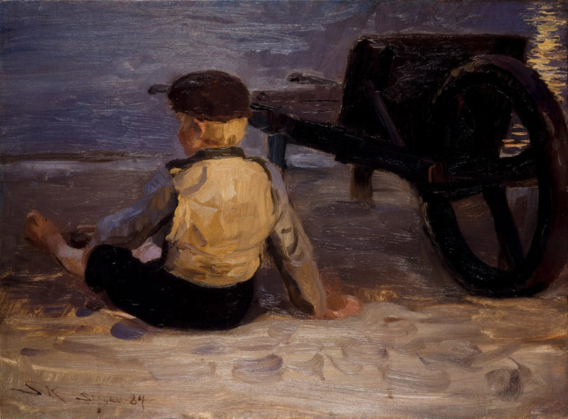 Jonge visser zittend naast een kruiwagen. Zuidstrand van Skagen. - Peder Severin Krøyer