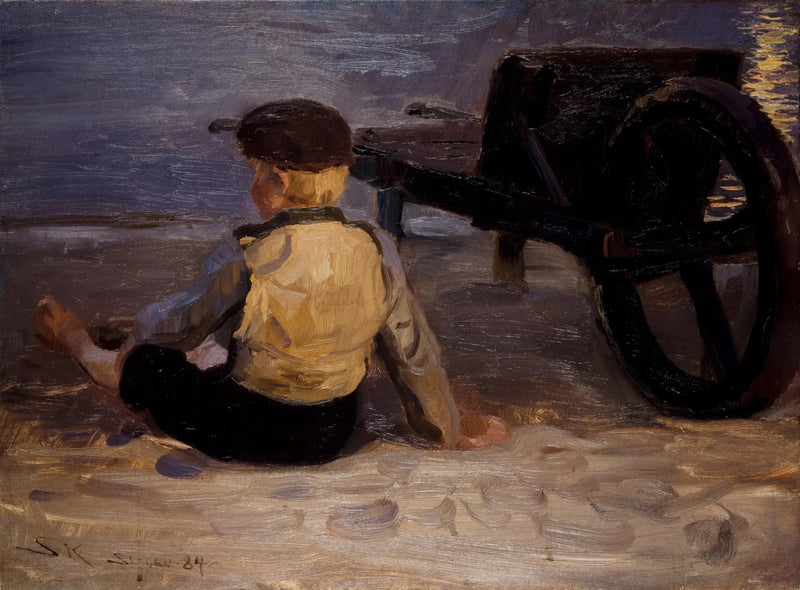 Jonge visser zittend naast een kruiwagen. Zuidstrand van Skagen. - Peder Severin Krøyer