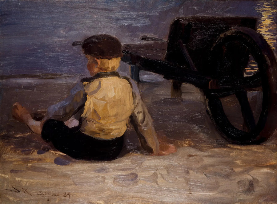 Jonge visser zittend naast een kruiwagen. Zuidstrand van Skagen. - Peder Severin Krøyer