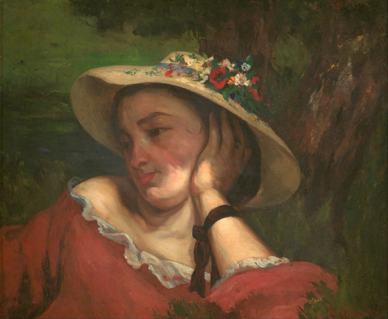 Jonge dames aan de oevers van de Seine – fragment van een schilderij (Vrouw met bloemen op haar hoed) - Gustave Courbet