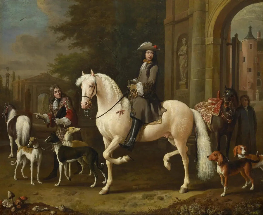 Johan Ortt (1642-1701) te paard die de poort van het kasteel Nijenrode overstak - Melchior de Hondecoeter