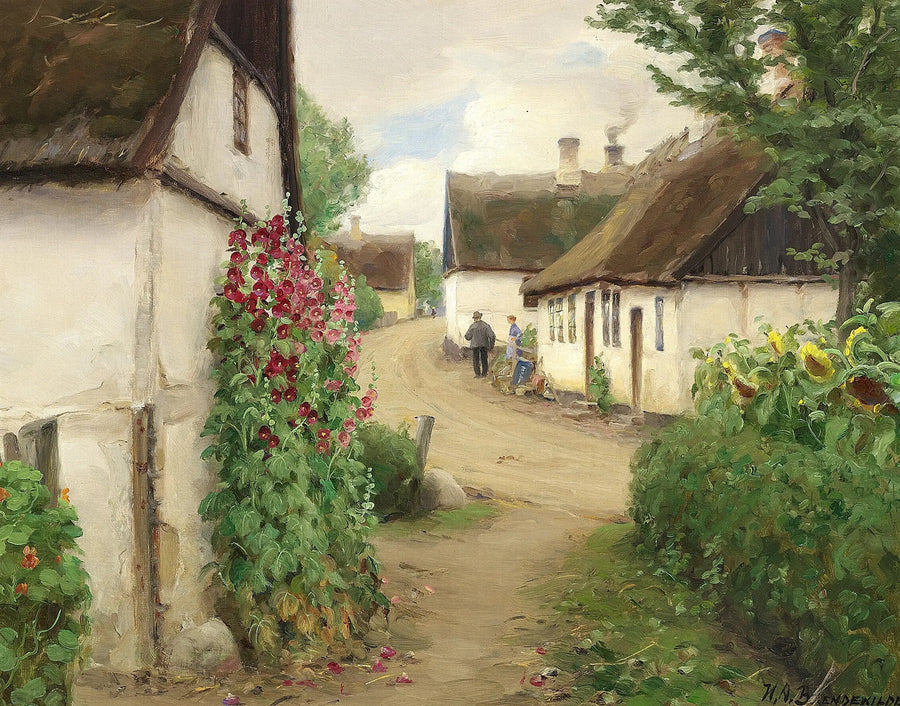 Zomerdag in een dorp met zonnebloemen en rode stokrozen. - H. A. Brendekilde

Source:
Journée d'été dans un village avec des tournesols et des roses trémières rouges. - H. A. Brendekilde