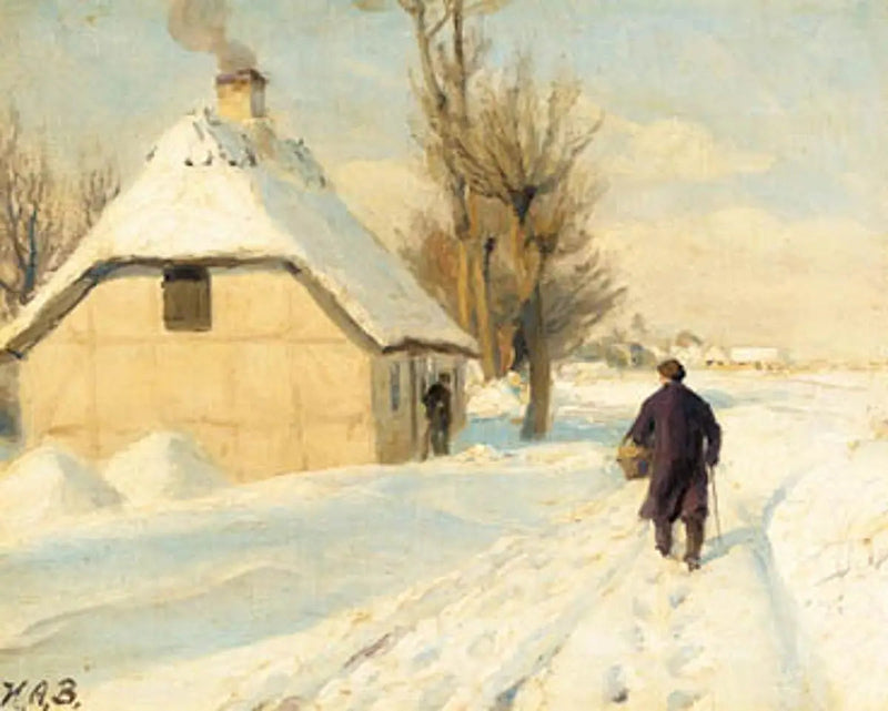 Winterdag bij een huis met rieten dak. Een man loopt op de besneeuwde weg. - H. A. Brendekilde

Source:
Journée d'hiver près d'une maison au toit de chaume. Un homme marche sur la route enneigée. - H. A. Brendekilde