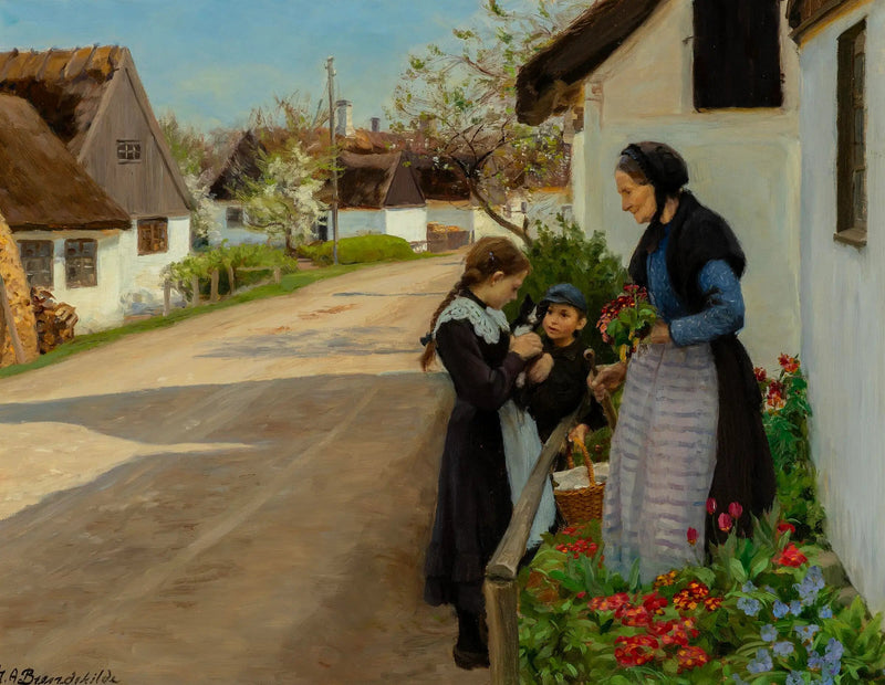 Lente dag in het dorp. De kitten wordt aan grootmoeder gegeven. - H. A. Brendekilde

Source:
Journée de printemps au village. Le chaton est offert à grand-mère. - H. A. Brendekilde