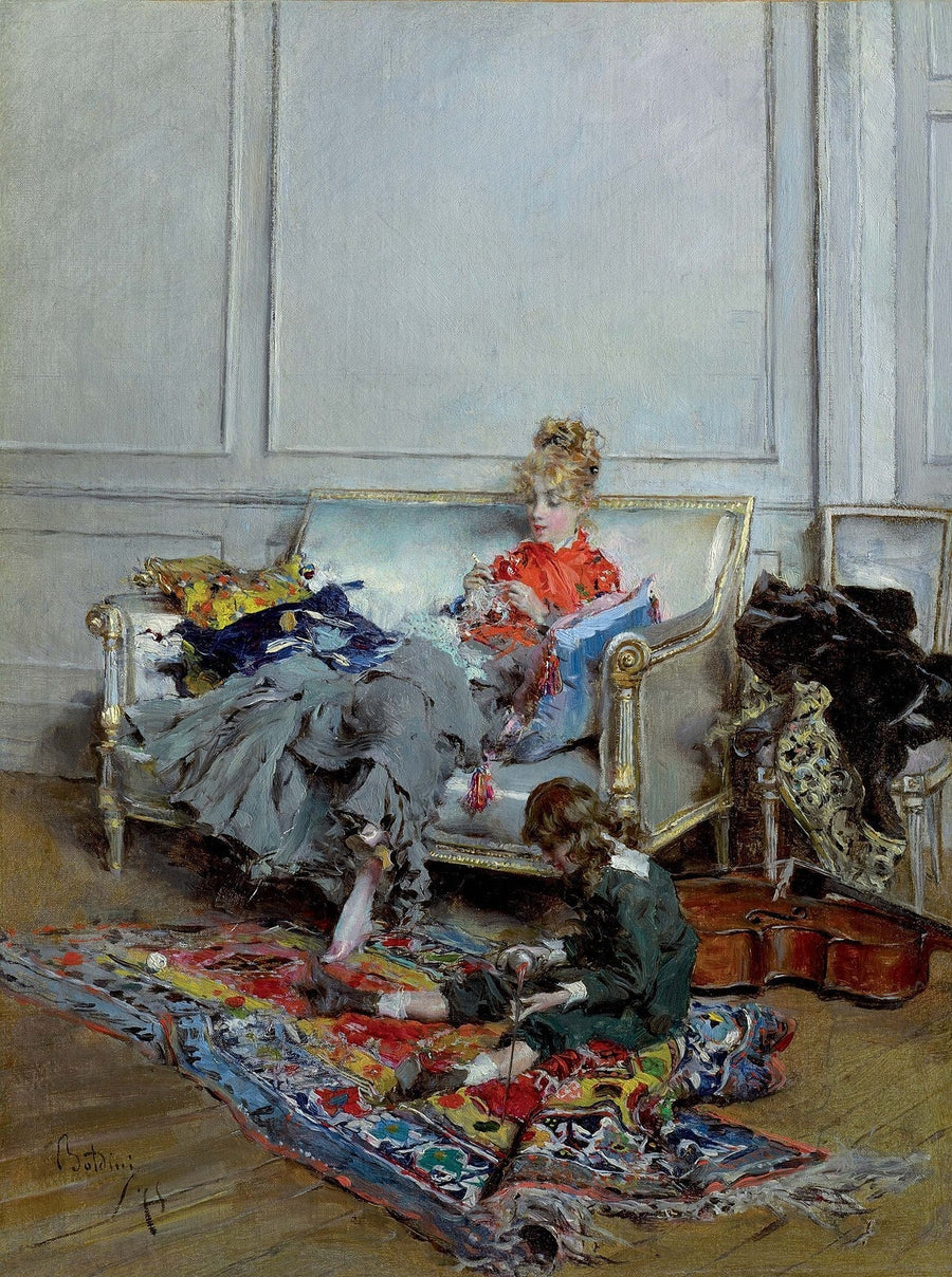 Rustige dagen of Jonge vrouw met haakwerk - Giovanni Boldini