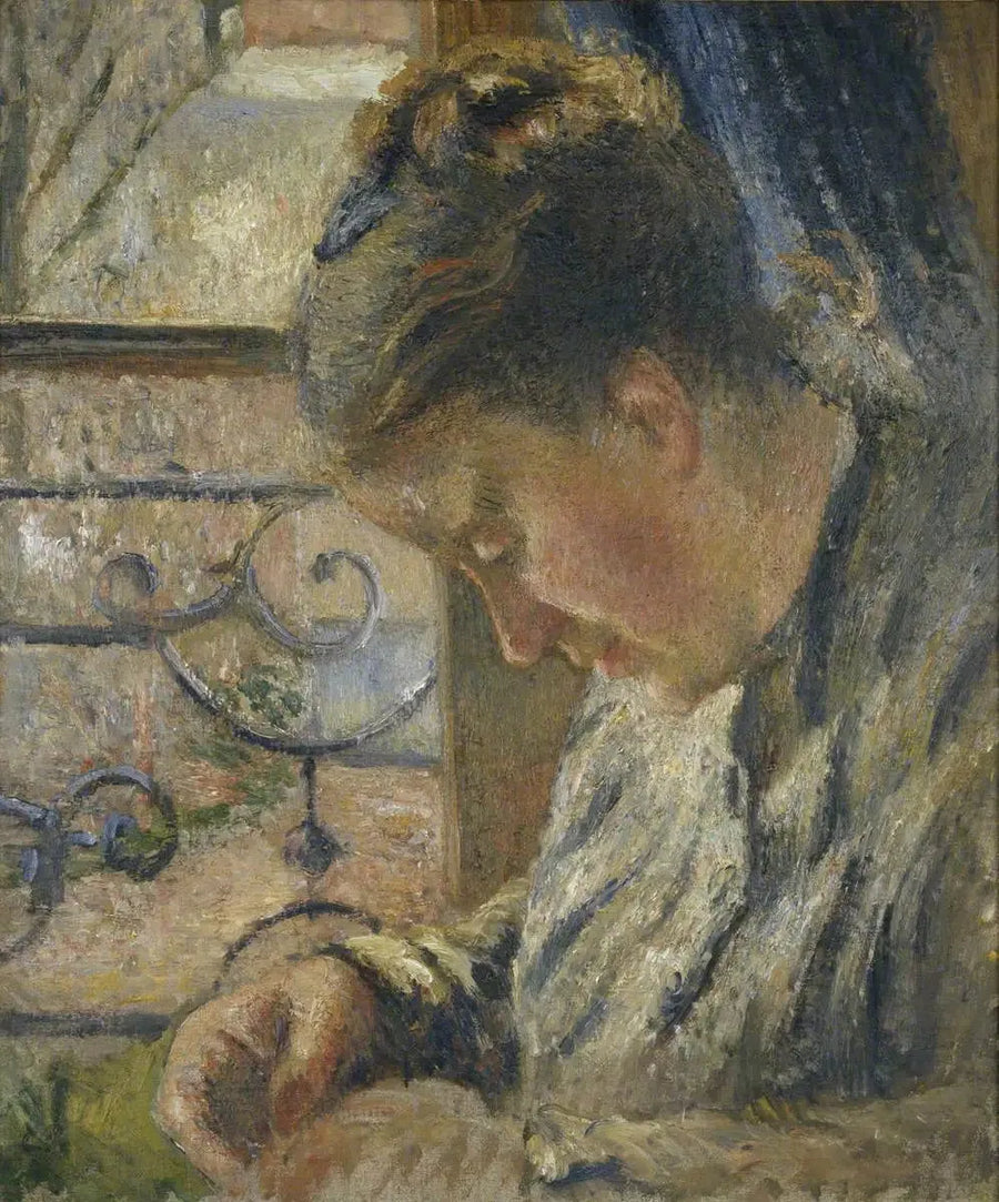 Julie Pissarro naaiend, het rode huis, Pontoise - Camille Pissarro