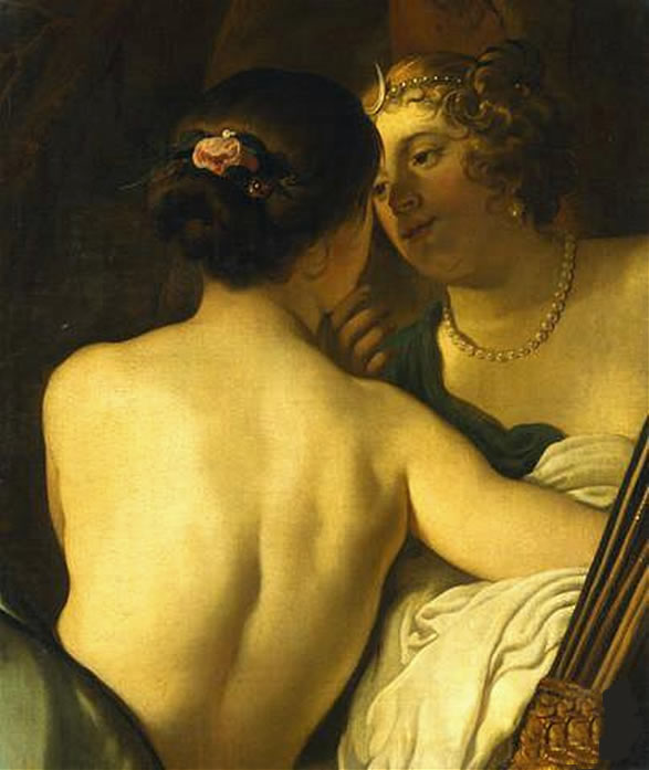 Jupiter, onder de gedaante van Diana, verleidt Callisto - Gerrit van Honthorst