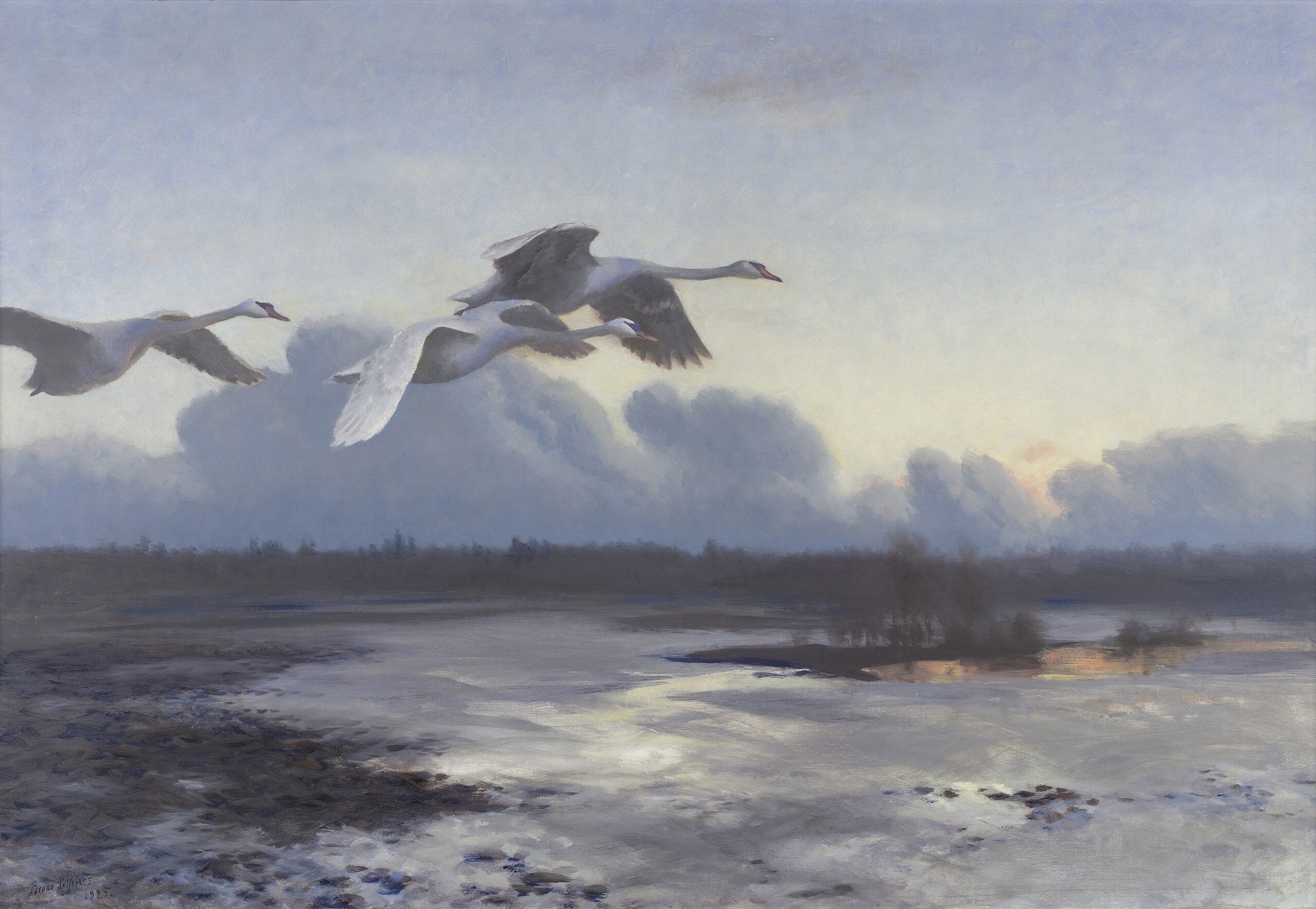 Knobbelzwanen op avondtrek - Bruno Liljefors image 1 copie de tableau peinte à la main