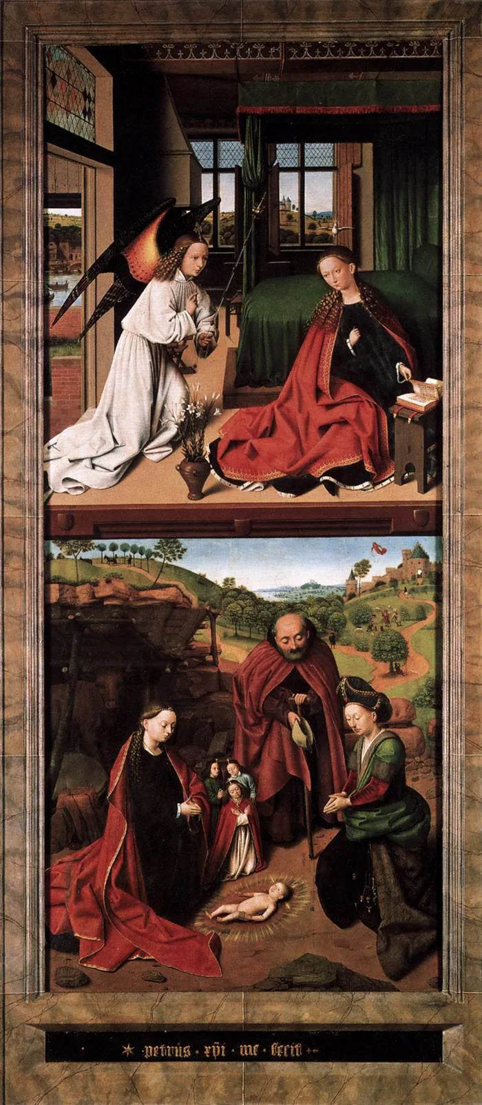 De aanbidding van het Kind Jezus; op de achtergrond, de Annunciatie aan de herders. - Petrus Christus