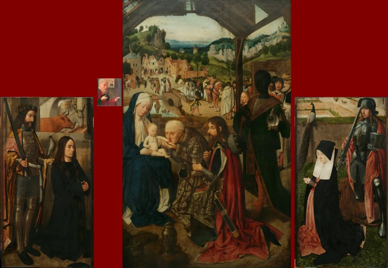 De Aanbidding der Wijzen, retabel met luiken; linker luik: de schenker met Sint Bavon; rechter luik: de echtgenote van de schenker met Sint Adrian - Geertgen tot Sint Jans