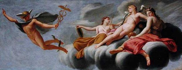 De Liefde, omringd door de Jeugd en de Schoonheid, beveelt Mercurius om zijn macht aan het universum te verkondigen - Eustache Le Sueur