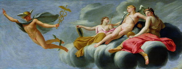 De liefde beveelt Mercurius om zijn macht aan het universum te verkondigen - Eustache Le Sueur