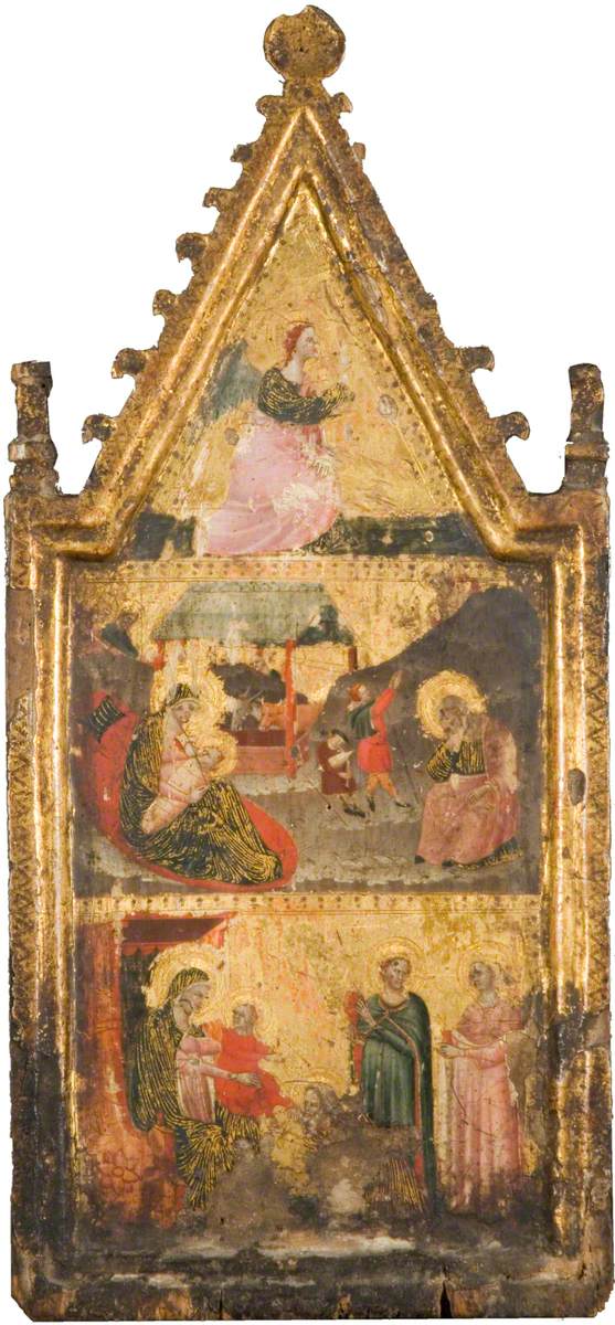 De Aankondigingsengel (bovenaan), de Geboorte en de Aankondiging aan de herders (midden), de Drie Koningen aanbidding (onderaan) - Giovanni Baronzio