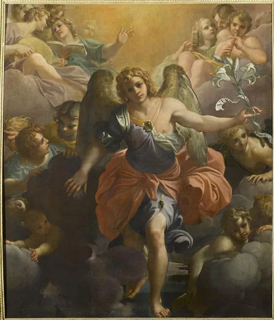 De aartsengel Gabriël in een glorie van muzikale engelen en cherubijnen - Annibale Carracci