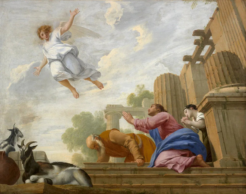 De aartsengel Raphael onthult zijn ware aard aan Tobit en zijn familie en stijgt naar de hemel - Eustache Le Sueur