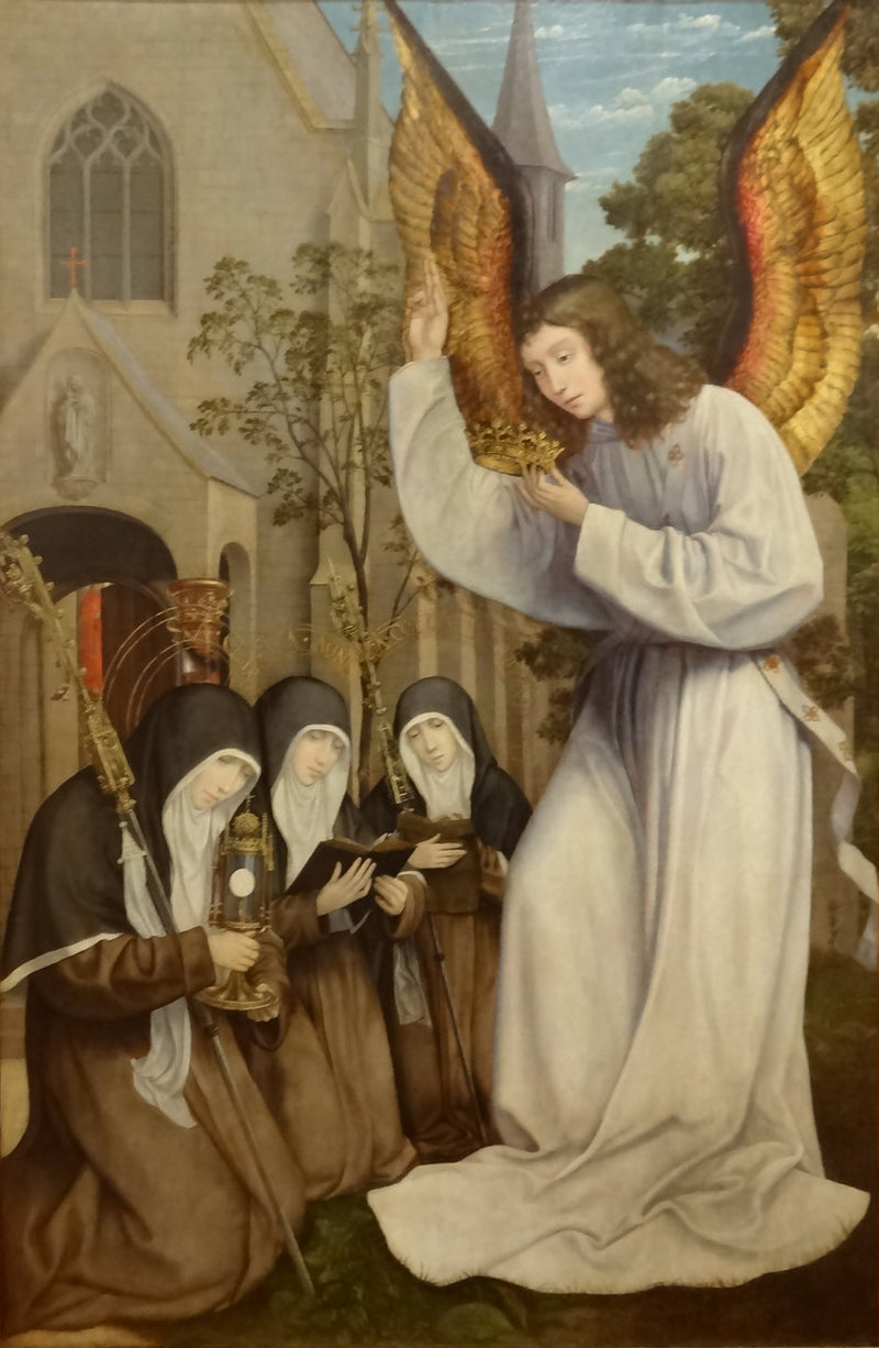 De verschijning van de engel aan Sint Clara, Sint Agnes van Assisi en Sint Coleta van Corbie - Quentin Metsys