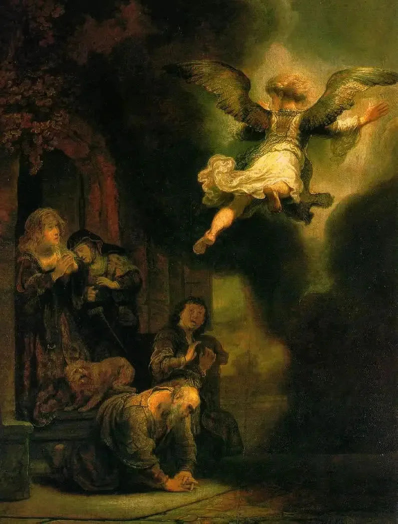 De Aartsengel Raphael die de familie van Tobit verlaat - Rembrandt