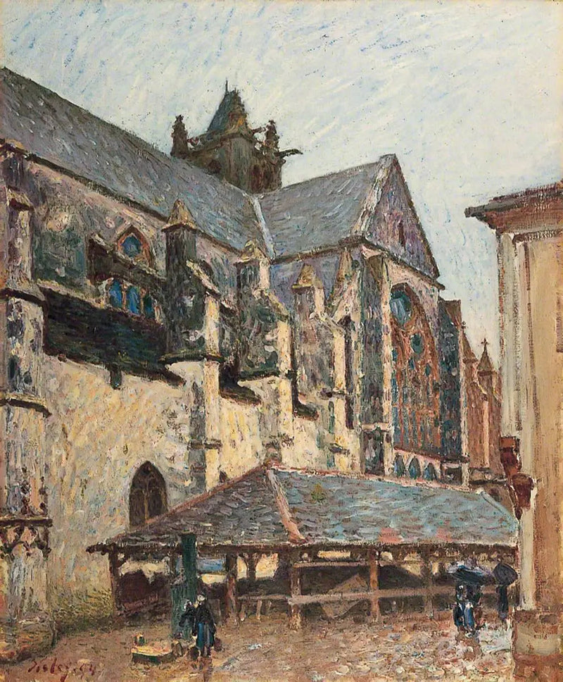 De Kerk van Moret in de regen, zijde transept - Alfred Sisley