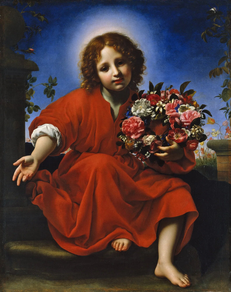 Het Kind Jezus met een bloemenkrans - Carlo Dolci